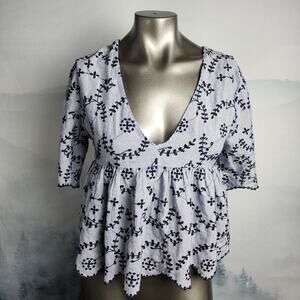 ZARA TRF Collection Embroidered V-Neck Peasant Top Blous | Women's L